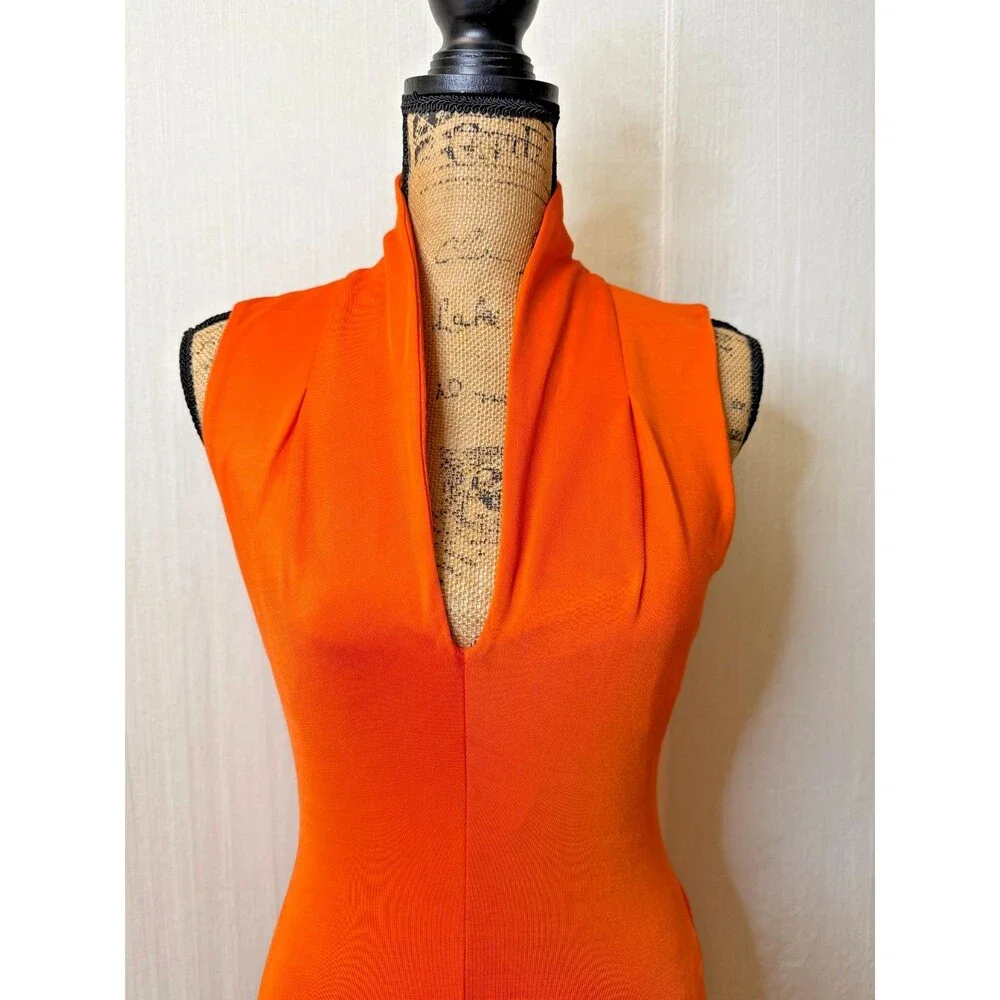 Just Cavalli Orange Bodycon Midi Dress L Sleeveless Plunge Neck Italy Stretch